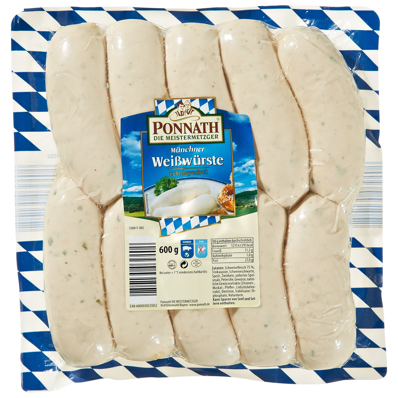 Schlütters Ponnath Münchner Weißwürste gebrüht, 10 Stück à 60 g - 600 g Packung