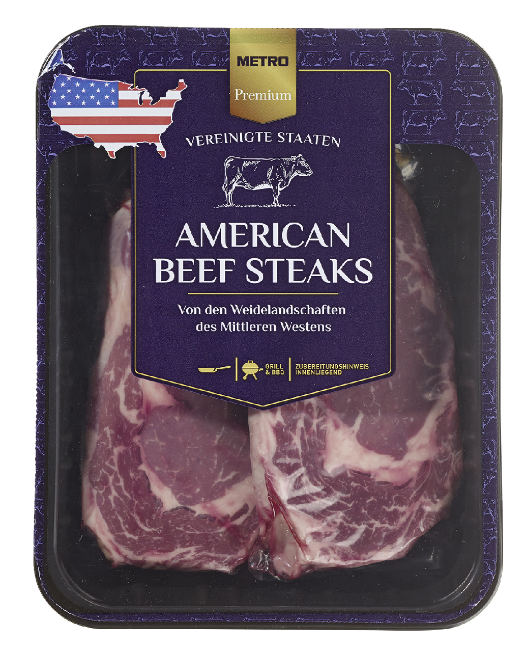 METRO Premium American Beef Entrecôte Steaks, roh, 2 Stück à ca. 300 g, vak.-verpackt - je kg