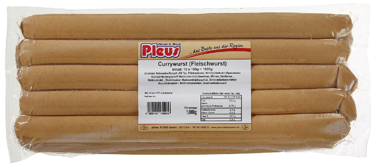Pleus Currywurst 10 Stück à 180 g - 1,8 kg Packung