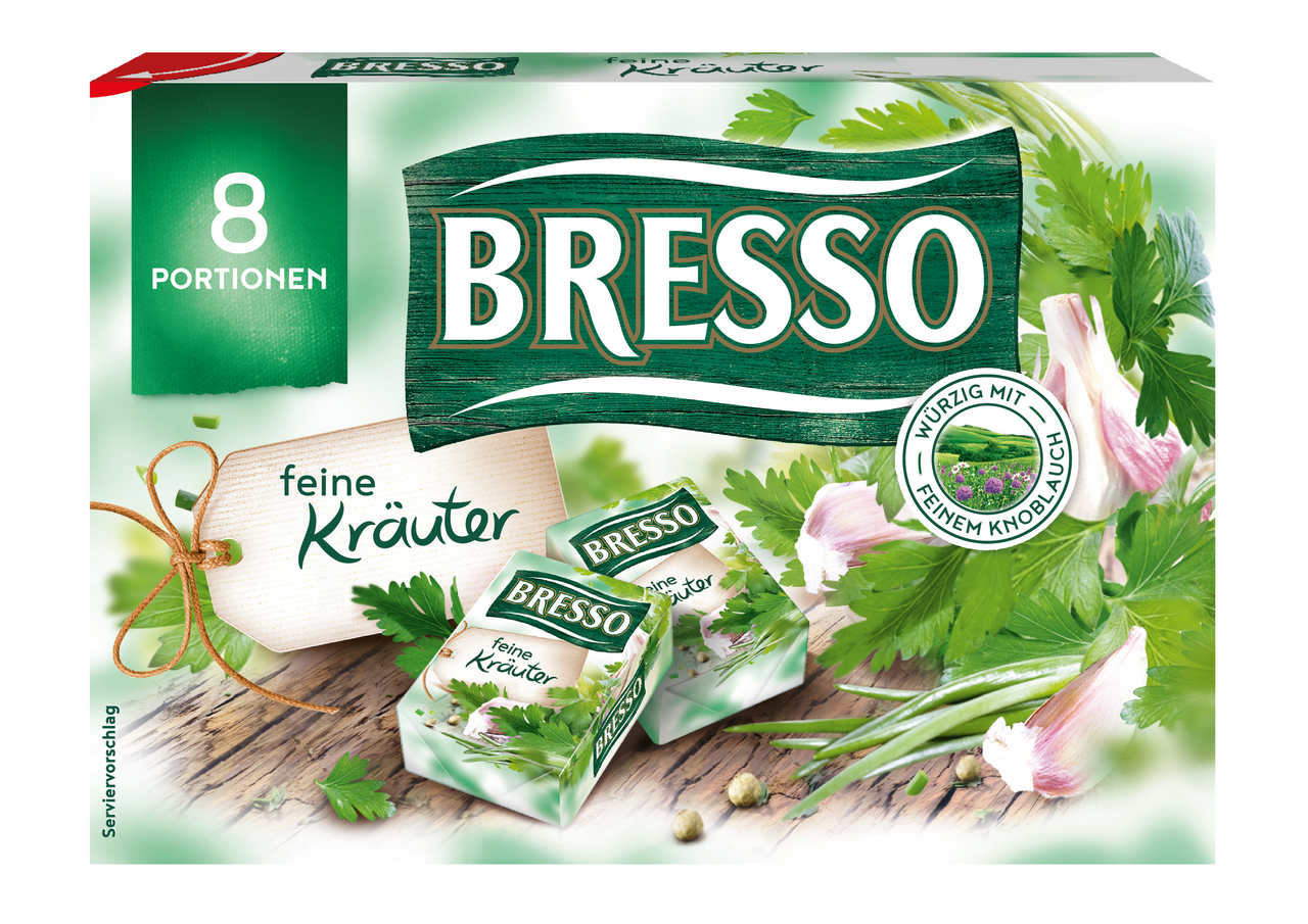 Bresso Portionen Feine Kräuter Frischkäse, Doppelrahmstufe, 60 % Fett i. Tr., 8 Portionen à 15 g 120 g Packung