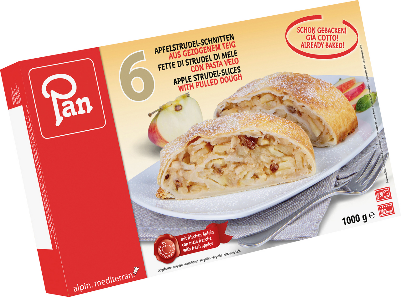 Pan Apfelstrudel Schnitten im gezogenen Teig, tiefgefroren, fertig gebacken, 6 Stück à ca. 165+ g - 1 kg Packung
