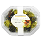 Gustamore Olivenmix 5-fach sortiert in Öl, grüne und geschwärzte Oliven ohne Stein und grüne Oliven, gefüllt mit Paprika, Knoblauch oder Mandeln - 1 x 160 g Packung
