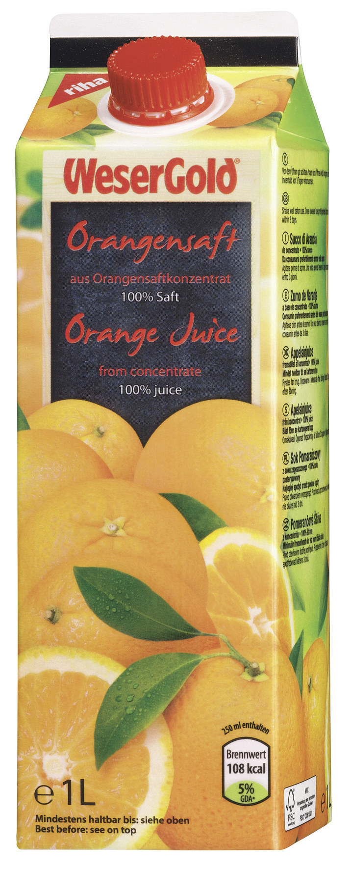 Wesergold Orangensaft 100 % Fruchtgehalt Tetra Pack - 8 x 1 l Packungen