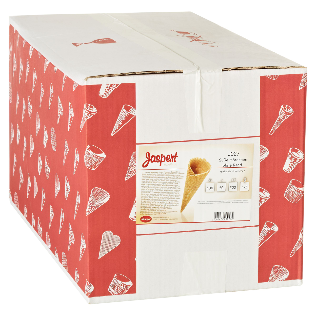 Jaspert Süße Eiswaffelhörnchen, classic, ohne Rand, klein, Karo 500 Stück à 15 g - 7,5 kg Karton