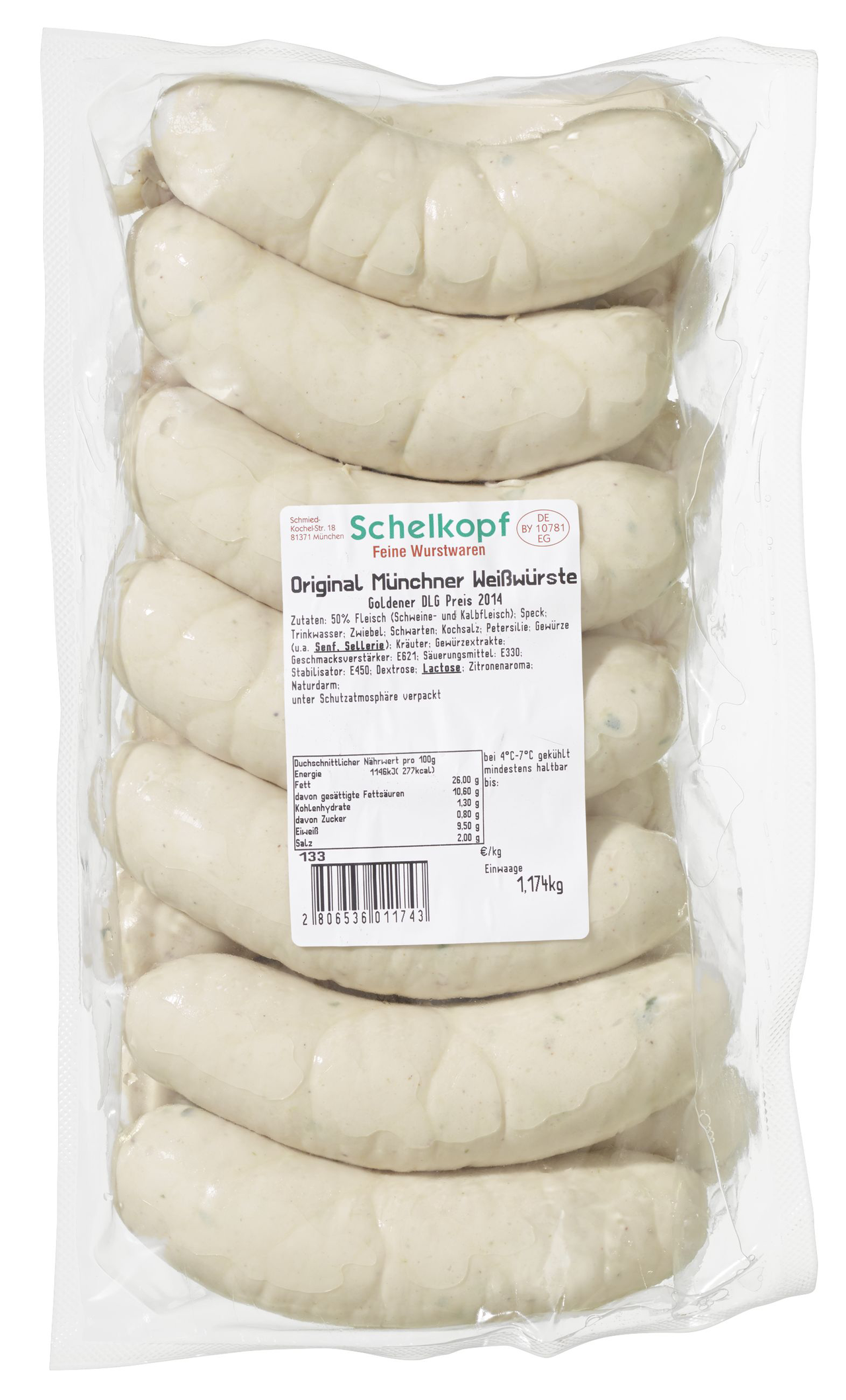 Schelkopf Original Münchener Weißwurst 7 Stück à ca. 80 g ca. 560 g - je kg