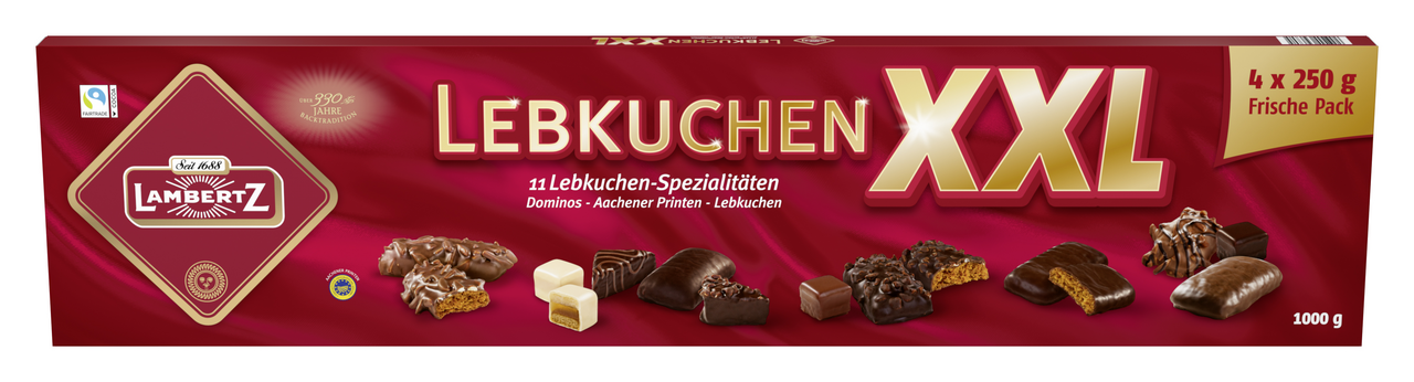Lambertz Lebkuchen XXL 11 Aachener Lebkuchen-Spezialitäten 4 Packungen à 250 g - 1 kg Schachtel
