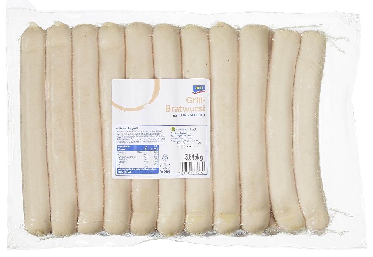 aro Bratwurst fein, gebrüht, gekühlt, 30 Stück à ca. 120 g - ca.3,6 kg Packung