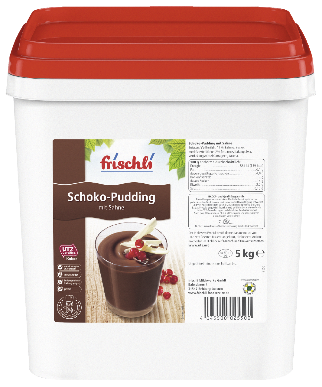 Frischli UTZ Schoko-Pudding mit Sahne, 6 % Fett - 5 kg Eimer