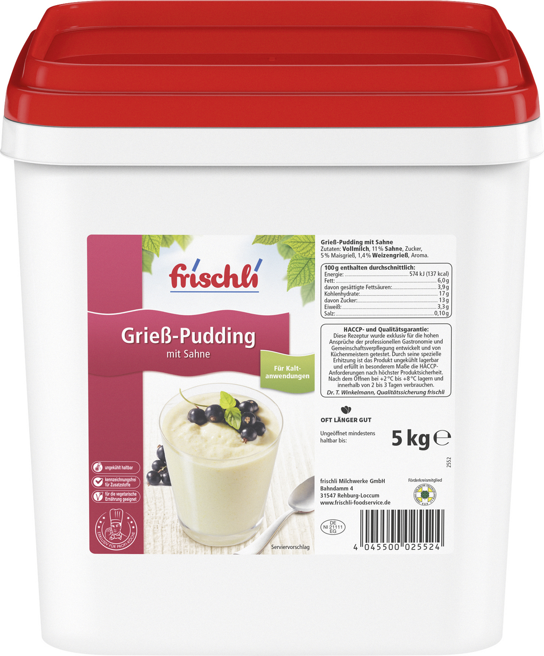 Frischli Pudding Grieß mit Sahne, 6 % Fett 5 kg Eimer