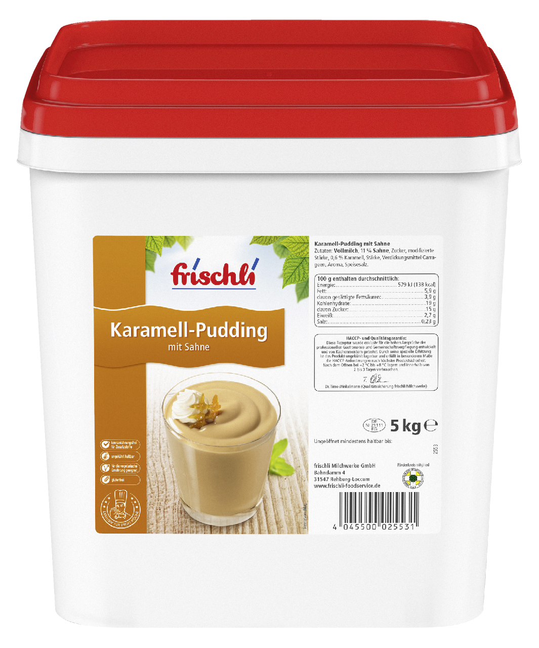 Frischli Pudding Karamell mit Sahne, 5,8 % Fett 5 kg Eimer