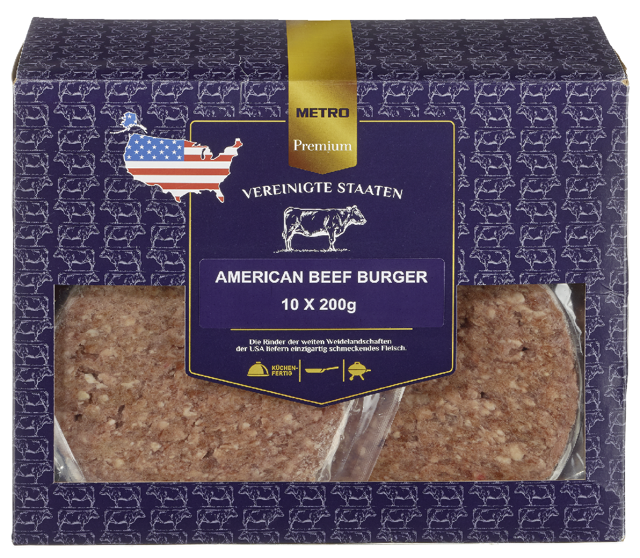 METRO Premium US Beef Burger tiefgefroren, roh, 10 Stück à 200 g, vak.-verpackt 2 kg Packung