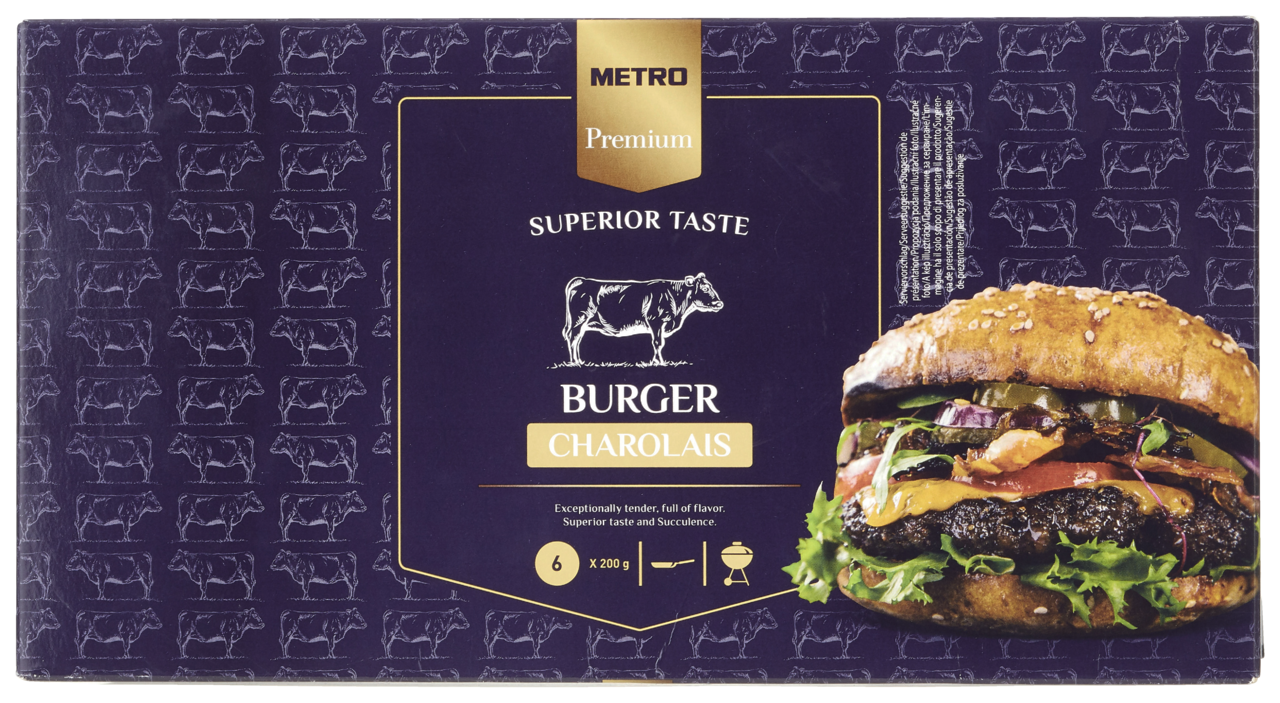 METRO Premium hamburguesa de vacuno de raza Charolais congelada bandeja 6 ud x 200 g (total 1200 g)
