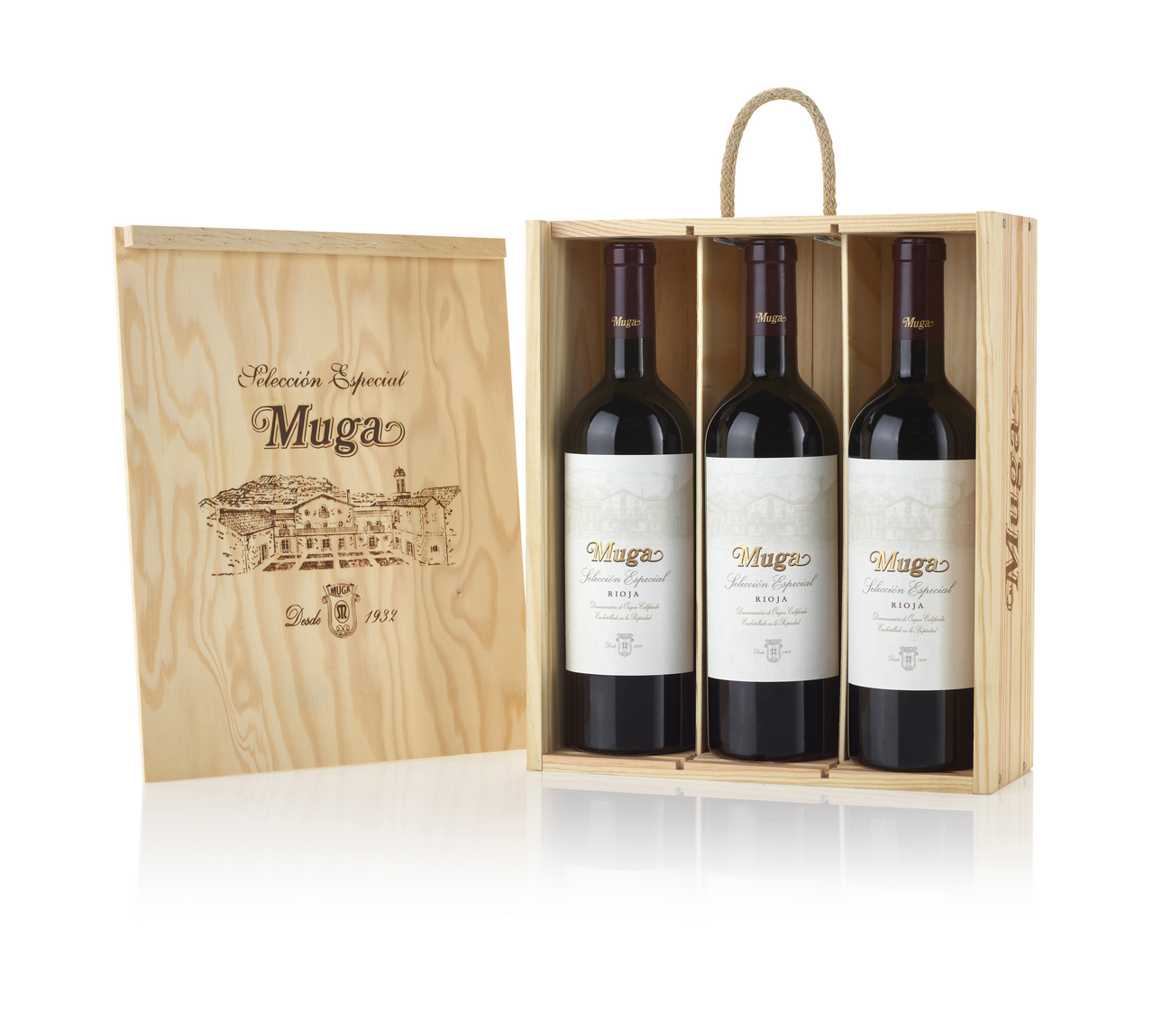 Muga vino tinto reserva Selección Especial D.O.Ca Rioja contiene 2 botellas de 75 cl (1,5 L) + 1 sacacorchos + estuche de madera