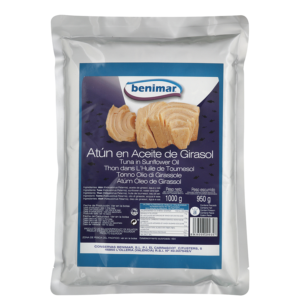 Benimar atún en aceite de girasol bolsa 950gne