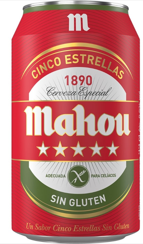 Mahou cerveza sin glúten Cinco Estrellas 33 cl contiene 24 latas (total 792 cl)