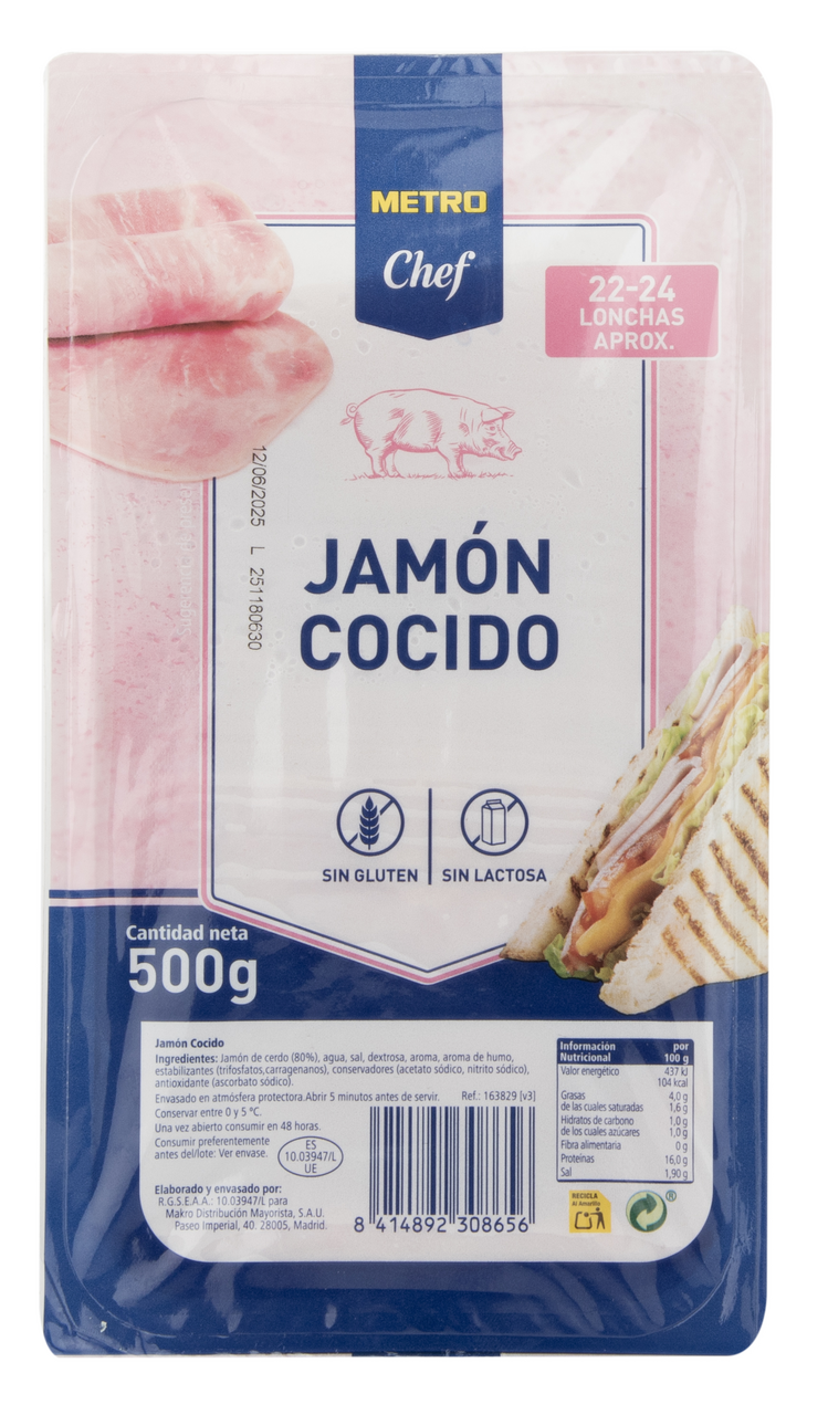 METRO Chef jamón cocido 11x11 loncheado pack 500g