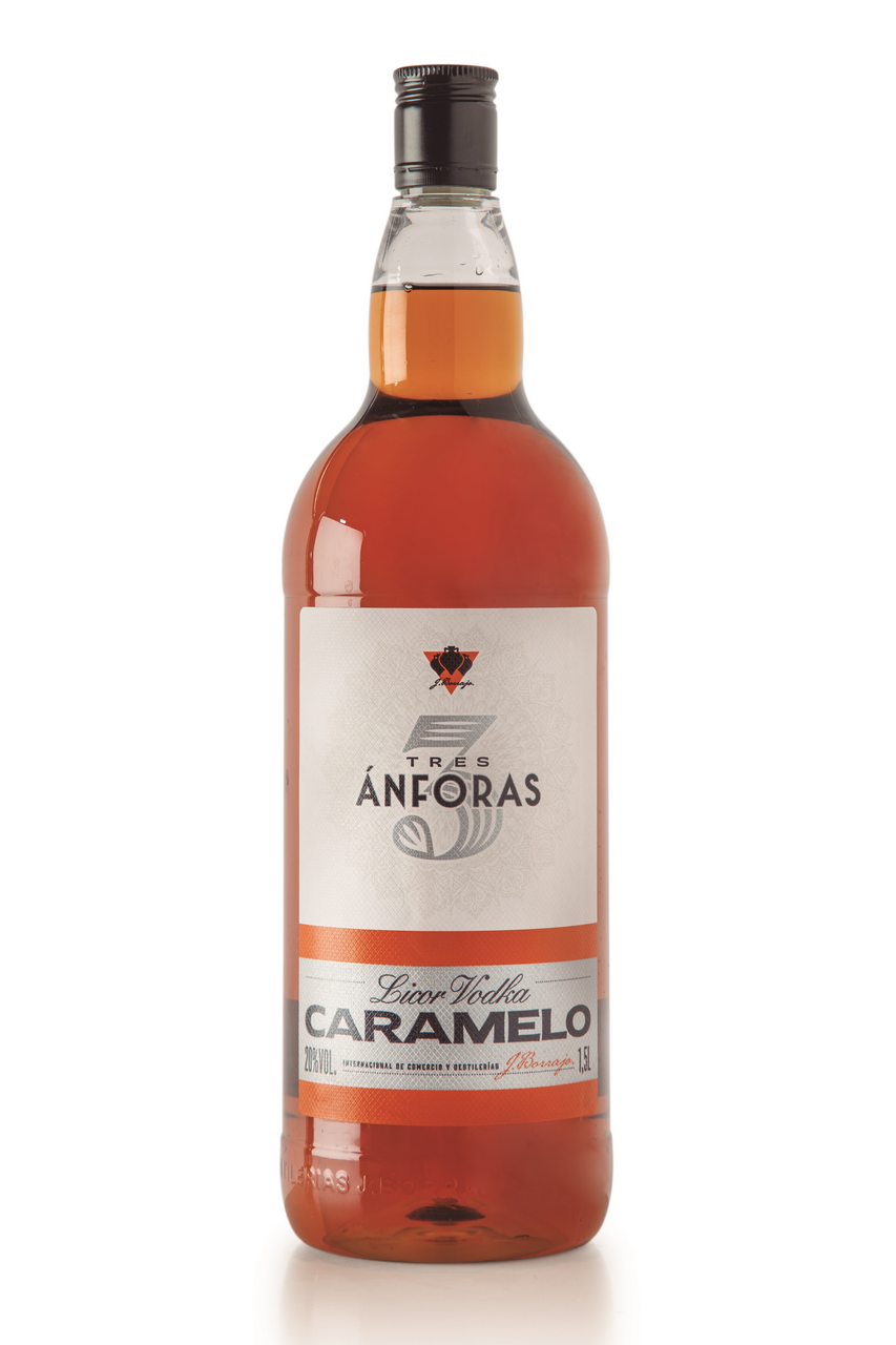 TRES ÁNFORAS licor vodka caramelo botella 1,5L Alc. 20% vol.