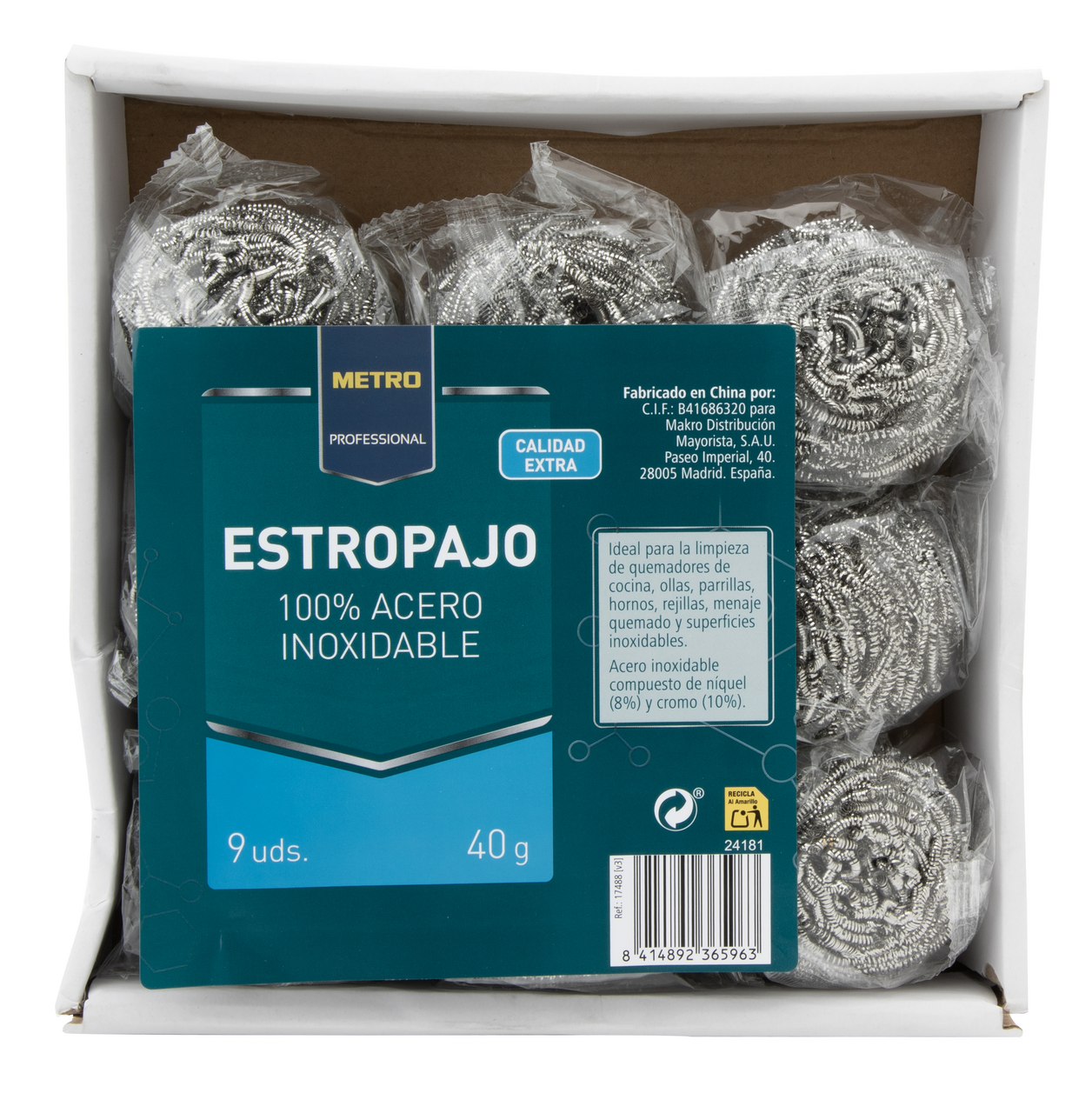 METRO PROFESSIONAL Estropajo metalico 9 unidades