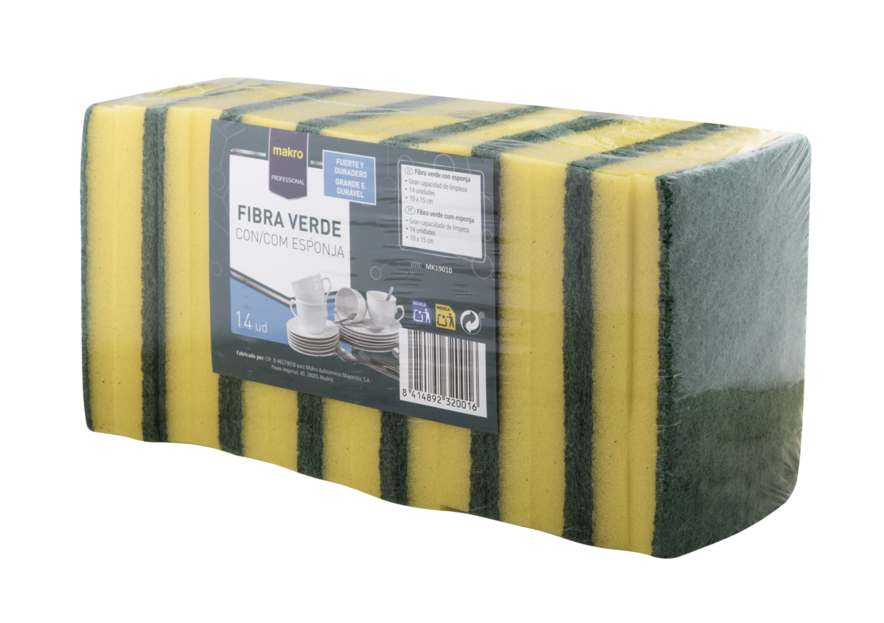 METRO PROFESSIONAL Estropajo de fibra verde con esponja 14 unidades