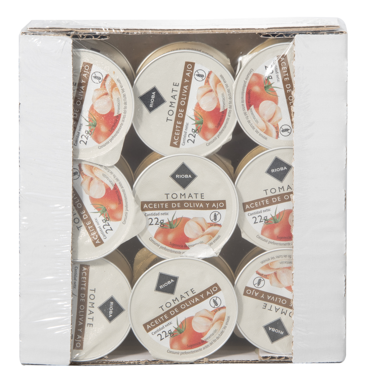 RIOBA tomate con aceite de oliva virgen extra y ajo monodosis 22 g contiene 18 unidades