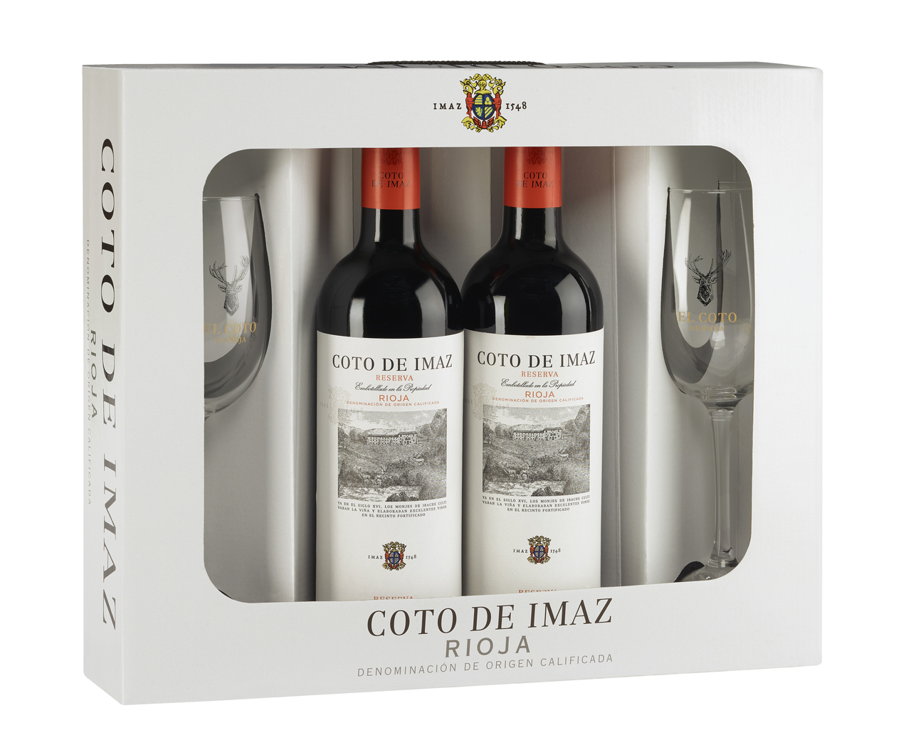 Coto De Imaz vino tinto reserva D.O.Ca Rioja contiene 2 botellas de 75 cl (1,5 L) + 2 copas + estuche de cartón