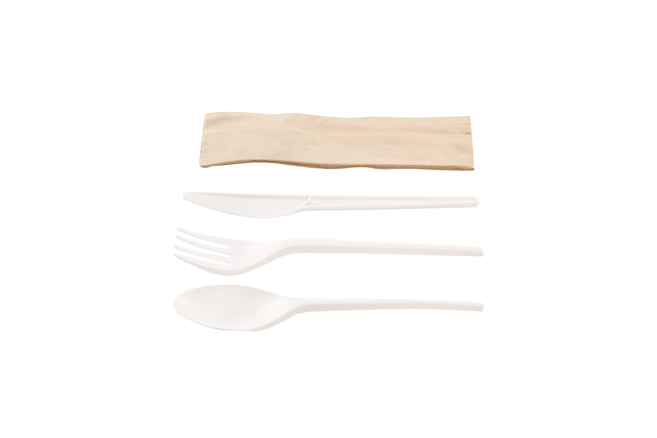 Betik set cuchillo, tenedor, cuchara + servilleta cpla color blanco reutilizable 50 unidades