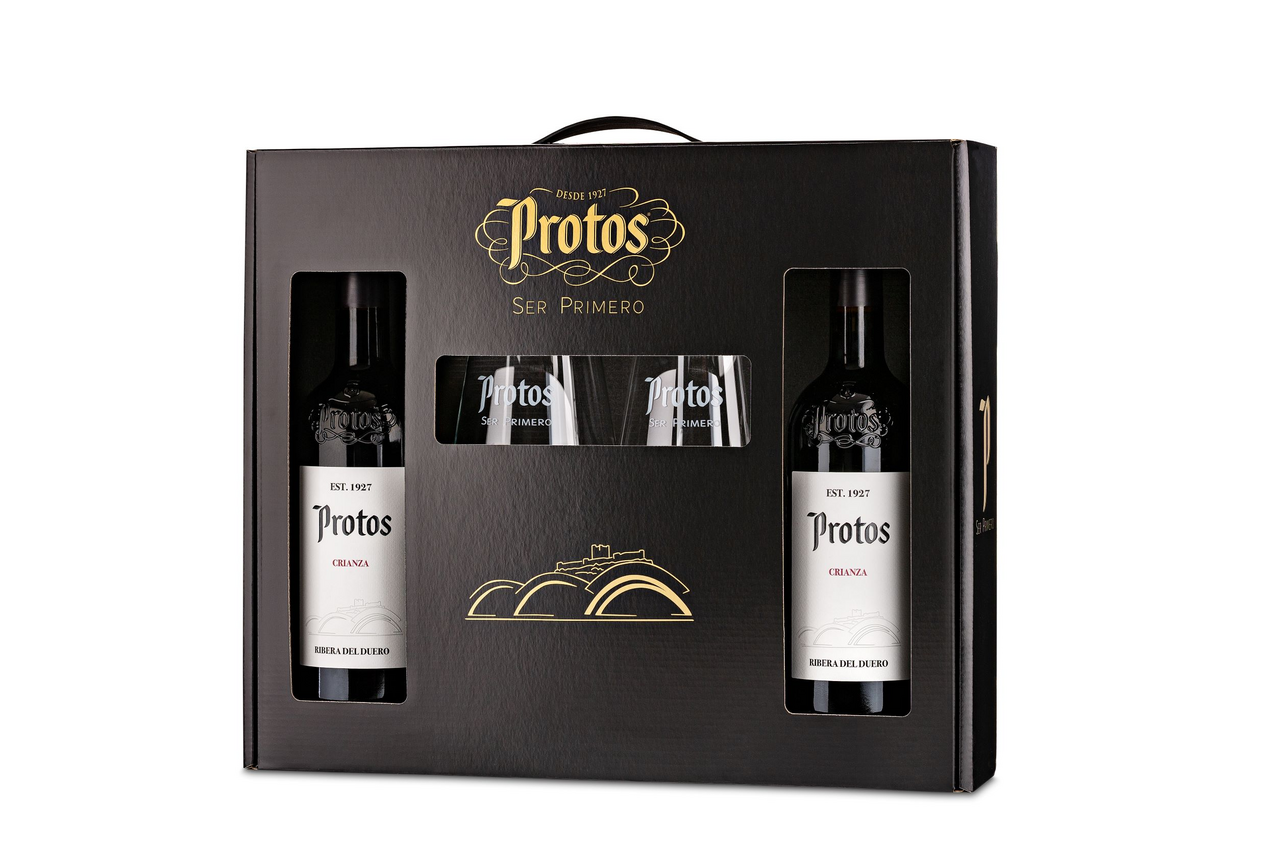Protos vino tinto crianza D.O. Ribera del Duero contiene 2 botellas de 75 cl (1,5 L) + 2 copas + estuche de cartón