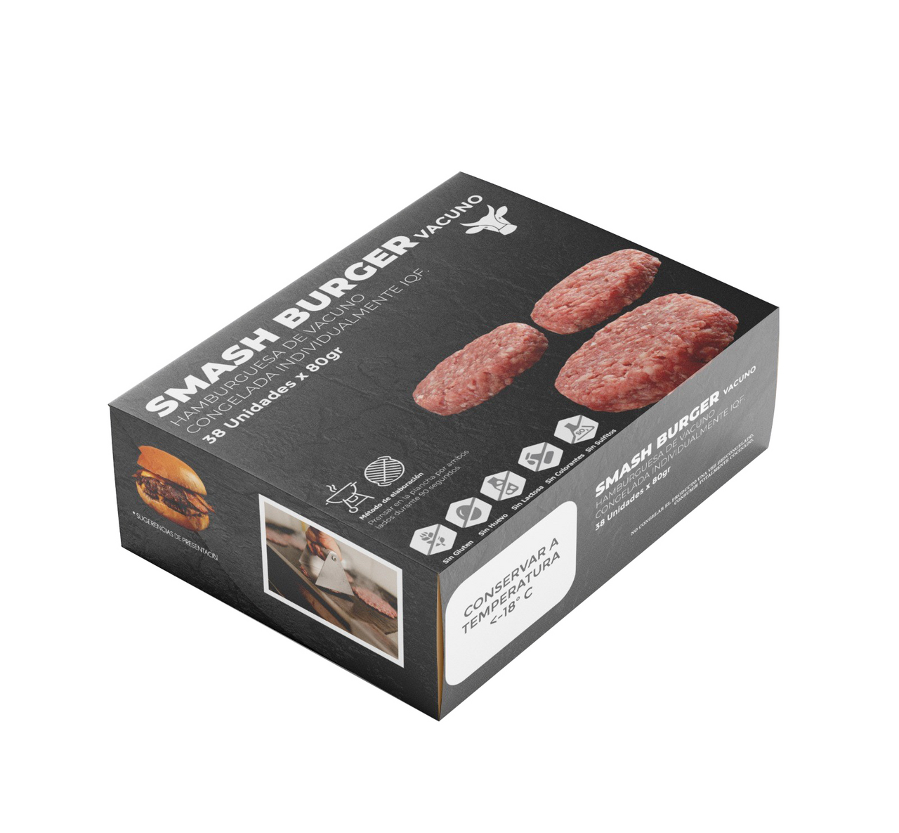 Hamburguesa Smash burger vacuno caja 38 unidades 80g (total 3,04 Kg) iqf