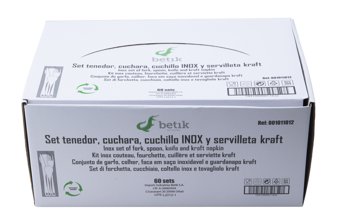 Betik set cubiertos CPLA cuchara, tenedor, cuchillo y servilleta contiene 50unidades
