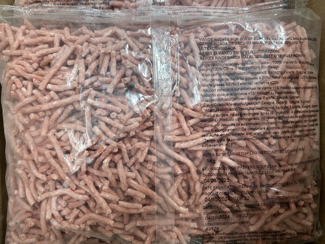 Carne picada 100% vacuno sello Halal congelado 3x1 Kg