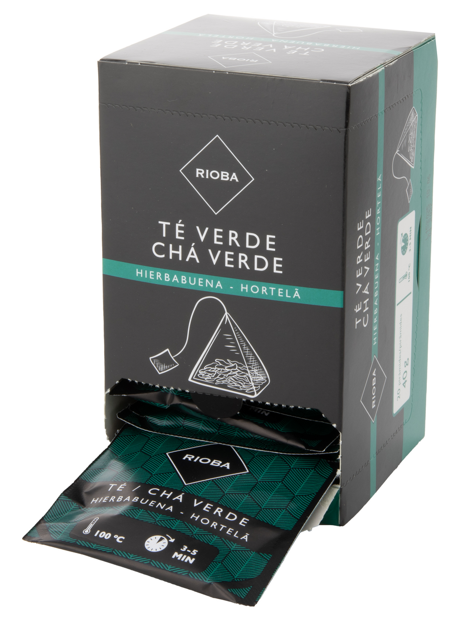 RIOBA té verde en bolsita con forma de pirámide bandeja con 20 unidades 40 g