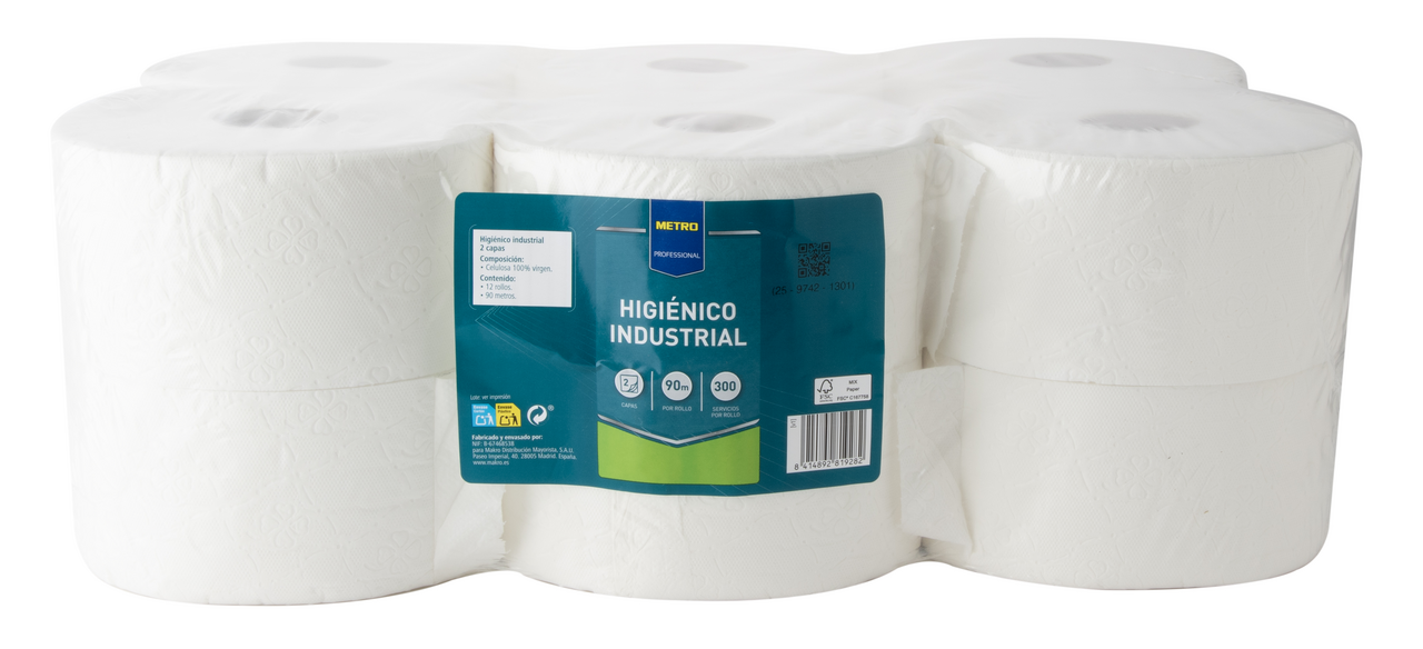 METRO PROFESSIONAL Papel higiénico industrial 2 capas 90 metros 12 rollos