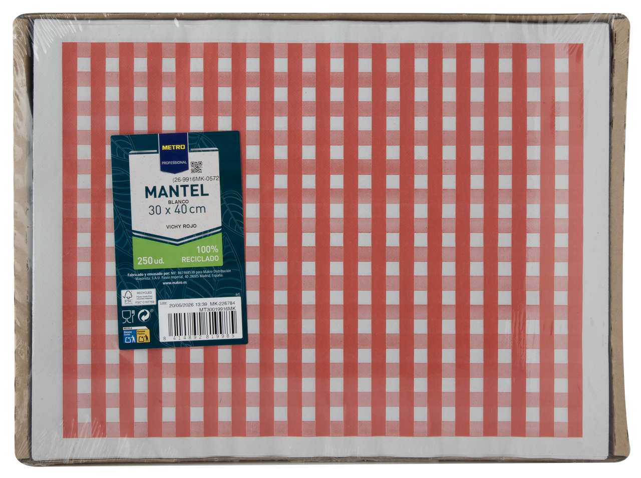 MAKRO PROFESSIONAL mantel vichy rojo de 30x40 cm contiene 250 unidades