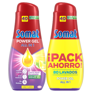 SOMAT Lavavajillas power gel all in 1 lima y limón 40 dosis 2 ud.