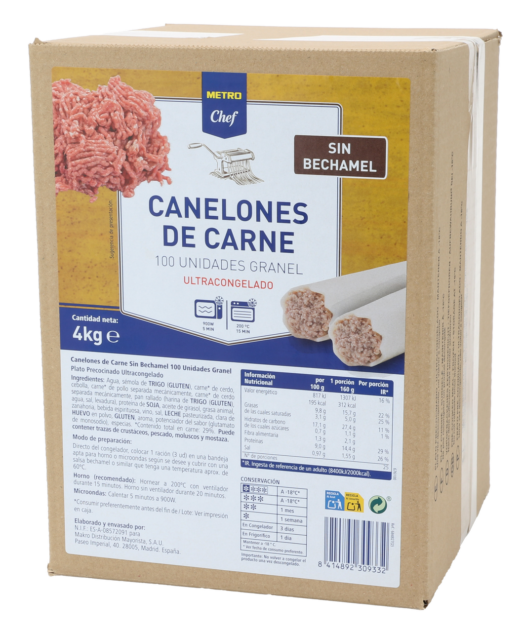 METRO Chef Canelones sin bechamel contiene 100 unidades 4 kg