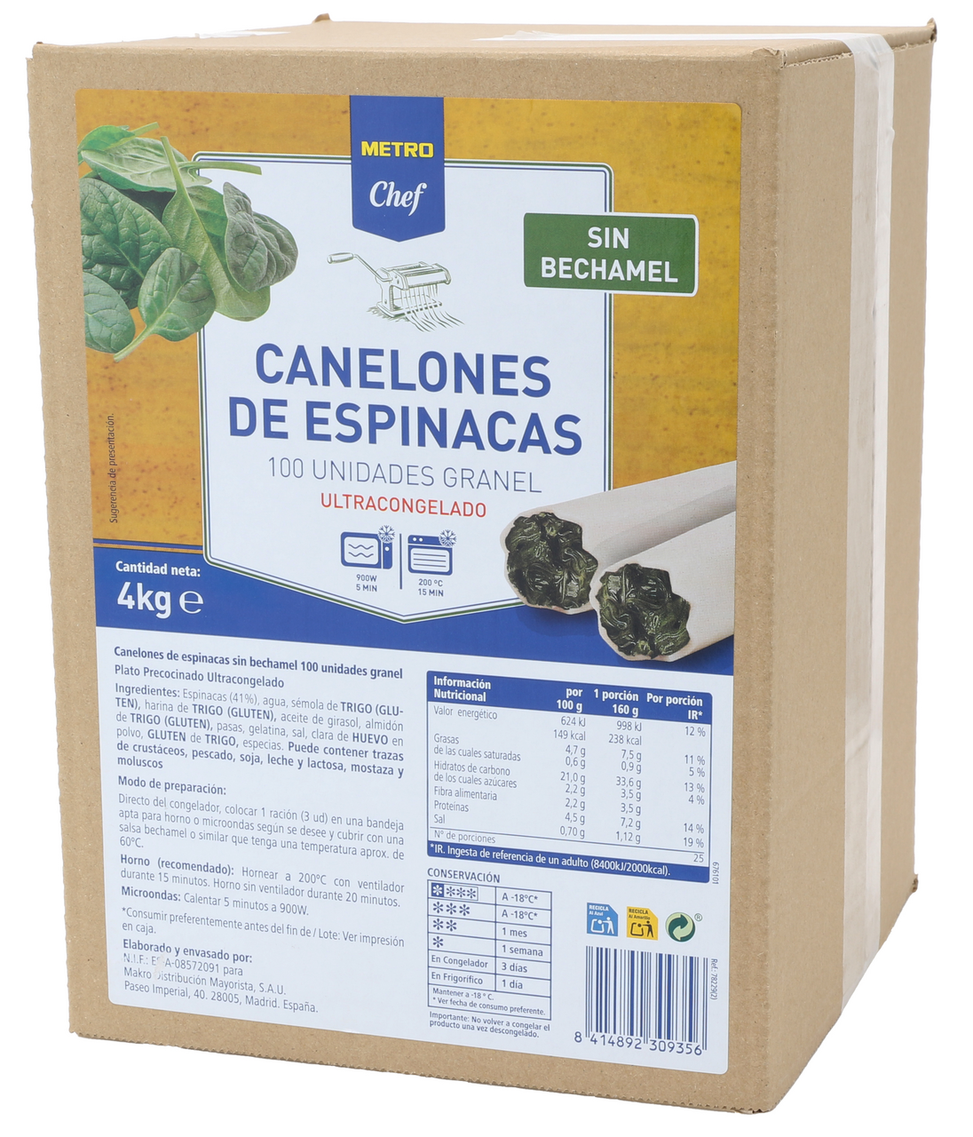 METRO Chef Canelones con espinaca 100 unidades 4 kg