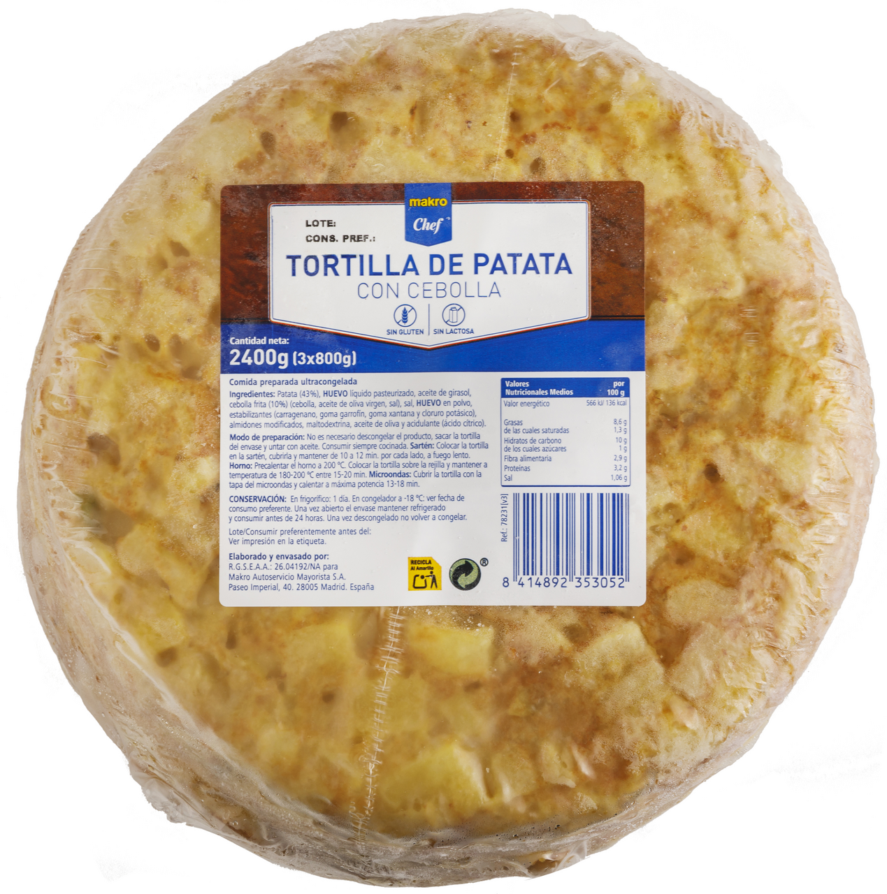 METRO Chef Tortilla de patata redonda s/gluten y s/lactosa 800 g contiene 3 unidades