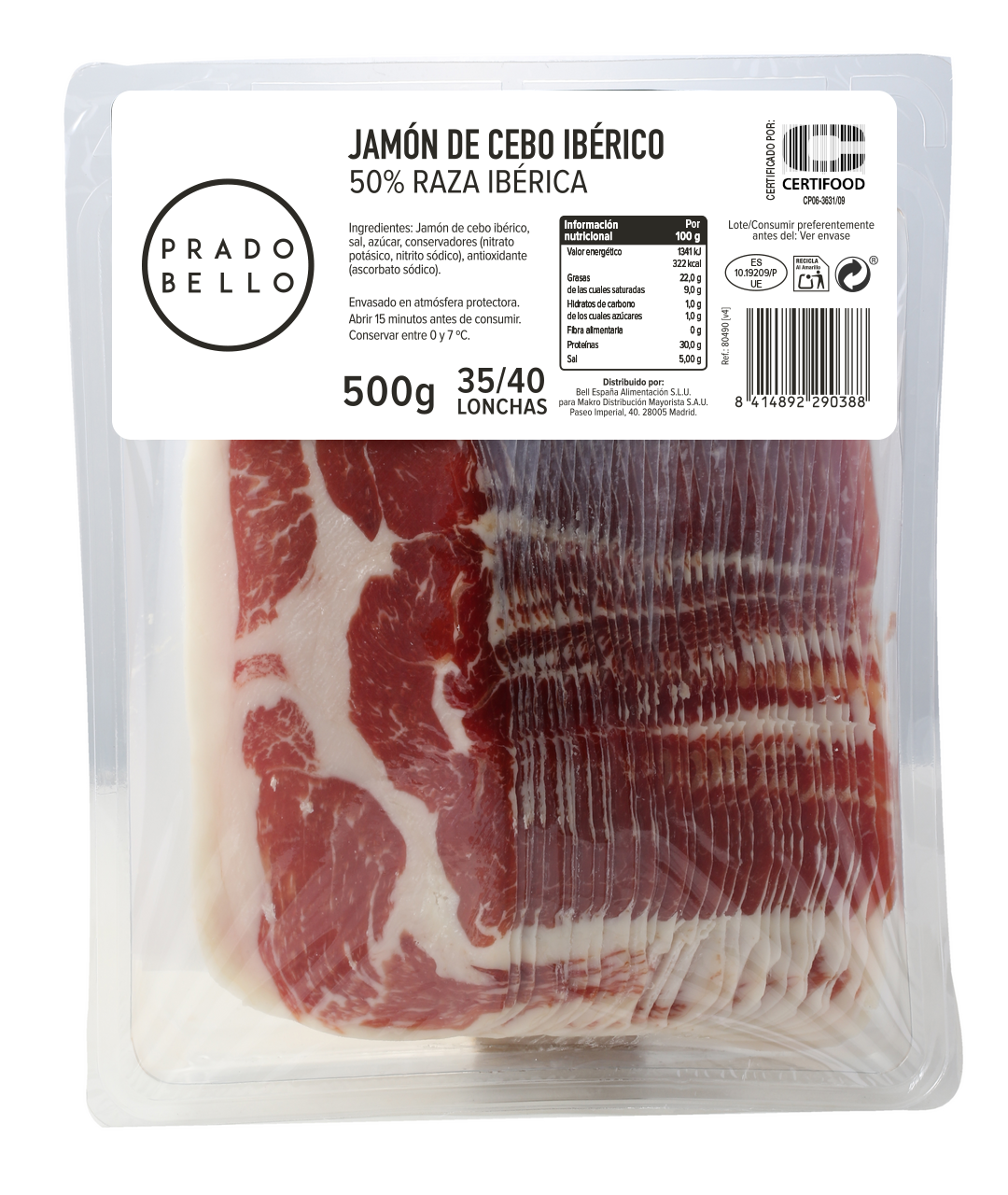 PRADO BELLO jamón cebo 50% ibérico loncheado 500g