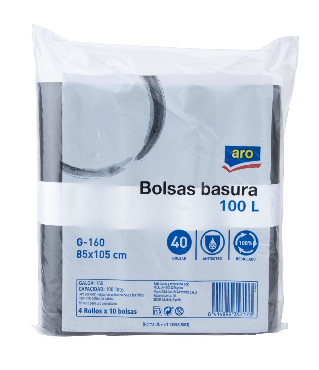 aro bolsa basura negra 100L contiene 4 x 10 unidades 