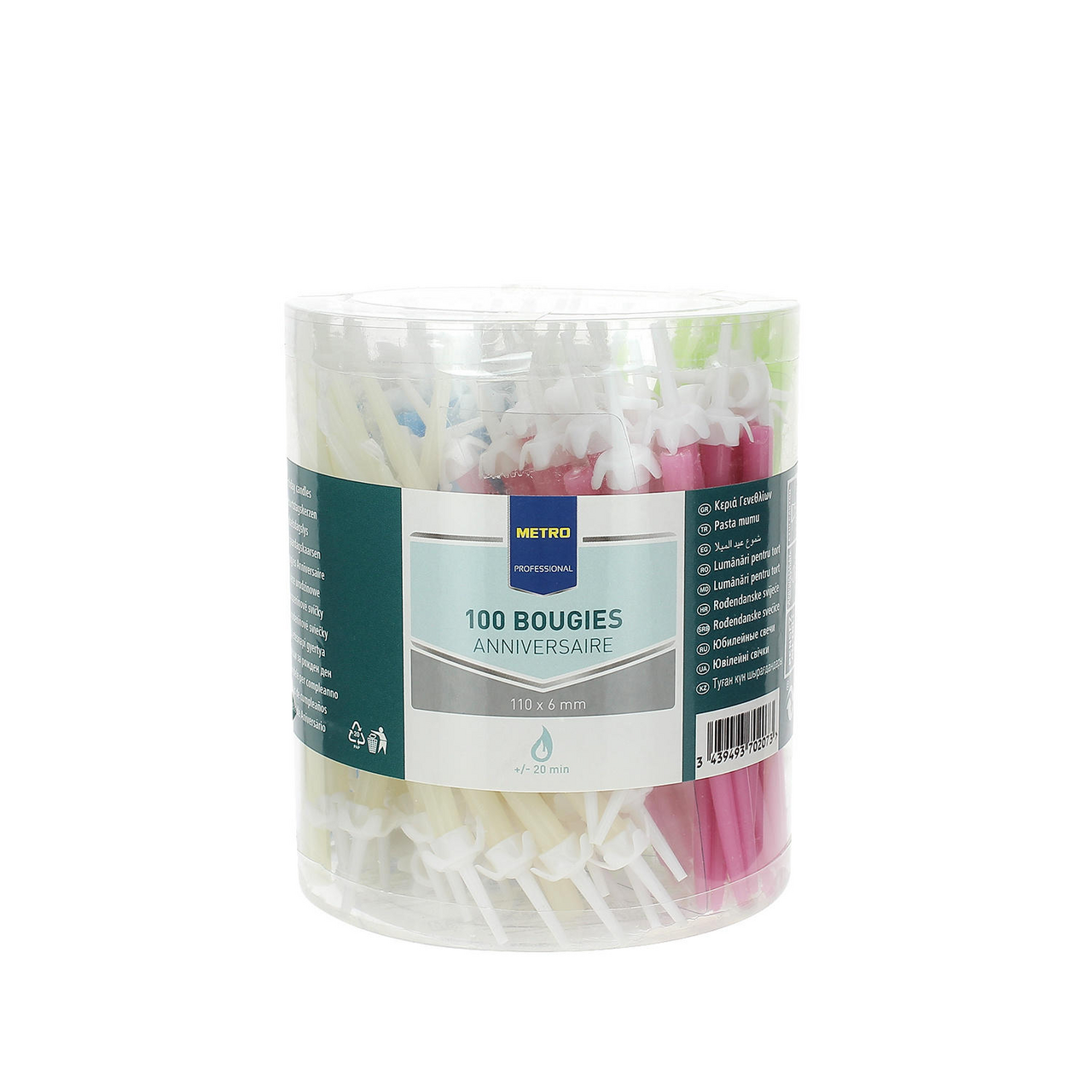 METRO PROFESSIONAL Bougie anniversaire rose/bleu/vert/blanc x 100