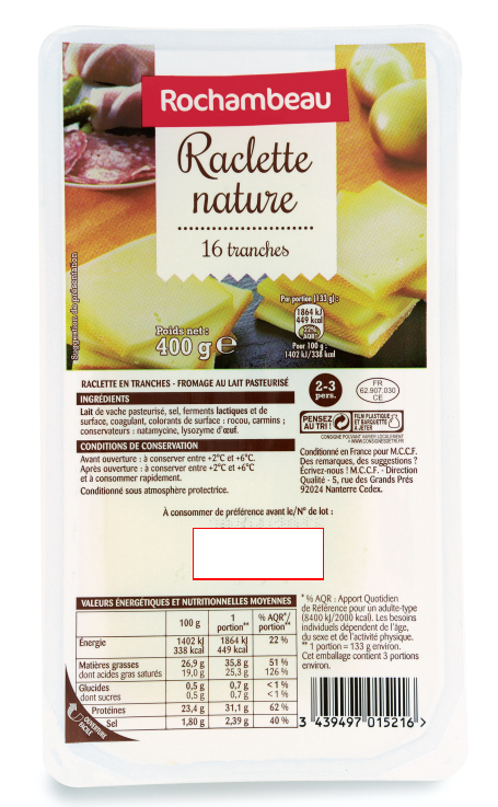 Rochambeau Raclette nature16 tranches Barquette 400 g