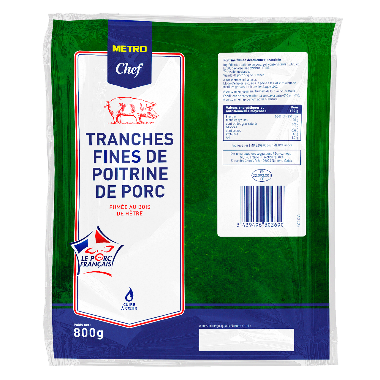 METRO Chef Poitrine fumée fines tranches 800 g