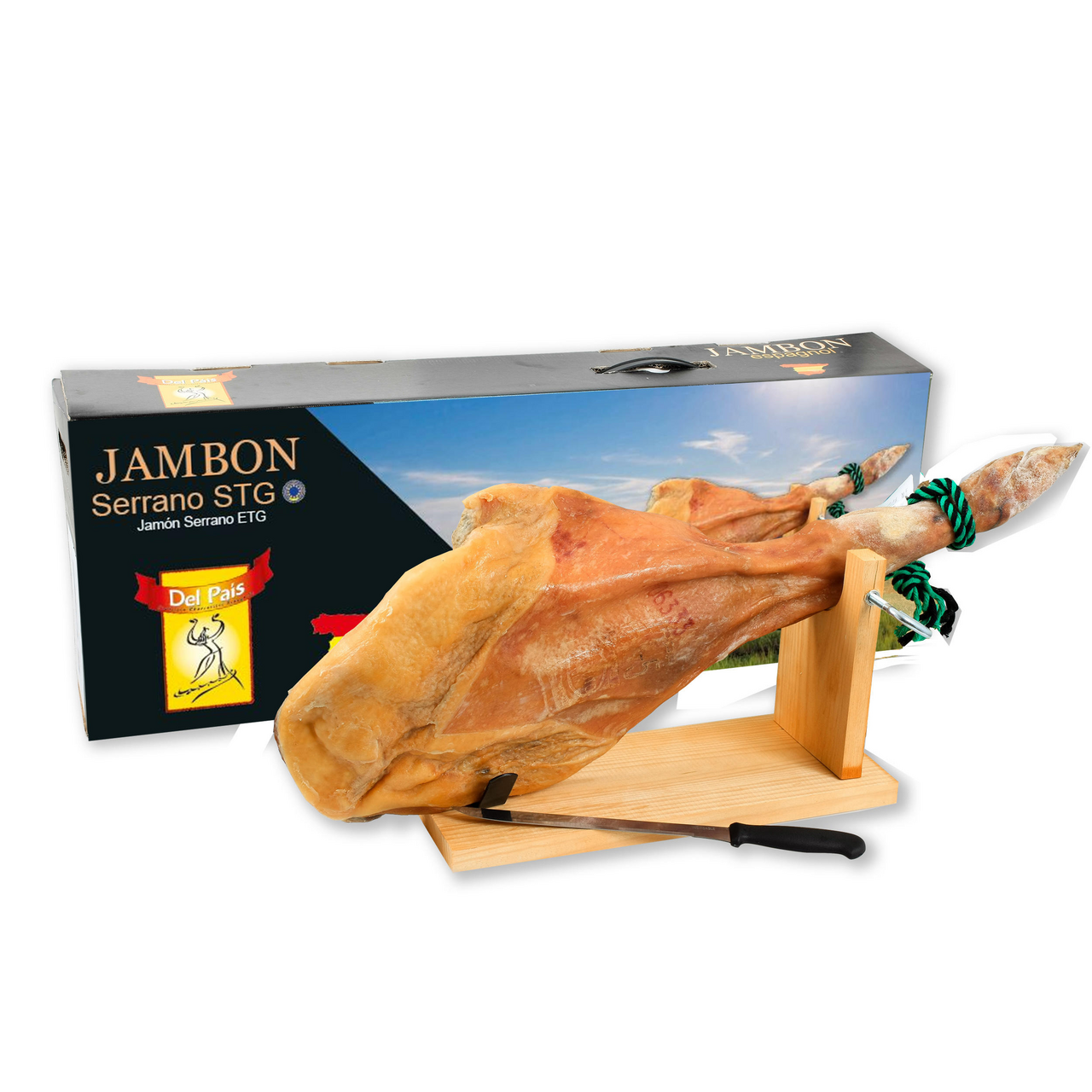 Del Pais Jambon Serrano 12 mois 6 kg avec support et couteau