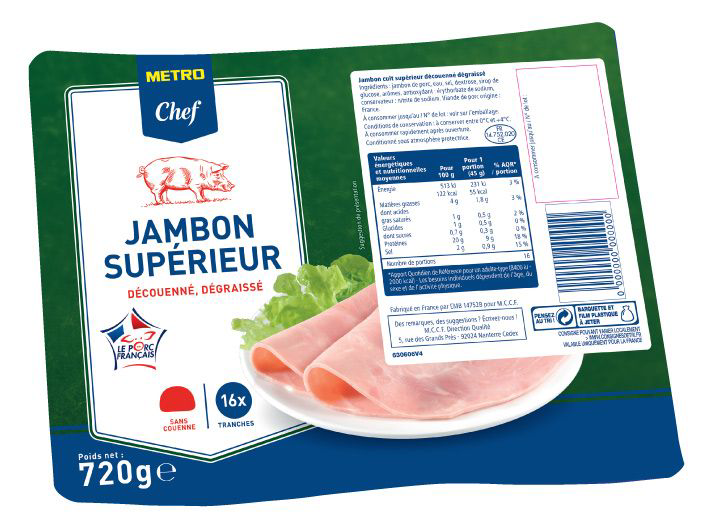 METRO Chef Jambon cuit Supérieur découenné dégraissé 16 tranches 720 g