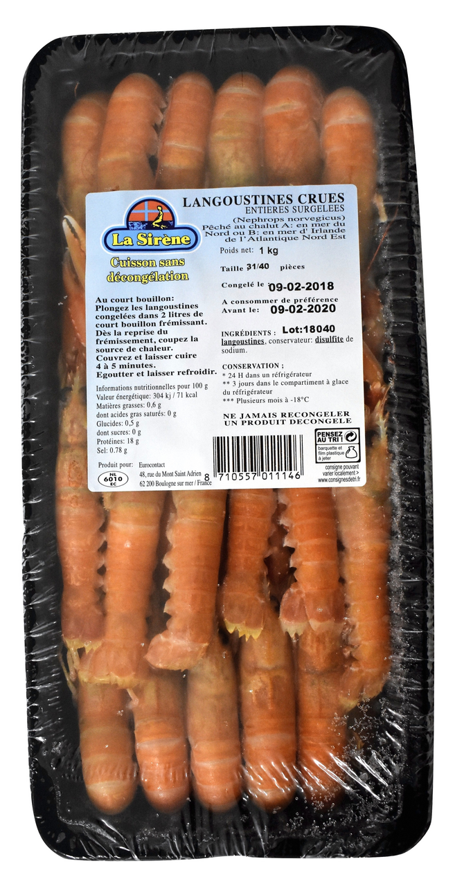 Eurocontact Langoustine entière crue 31/40 pièces barquette 1 kg