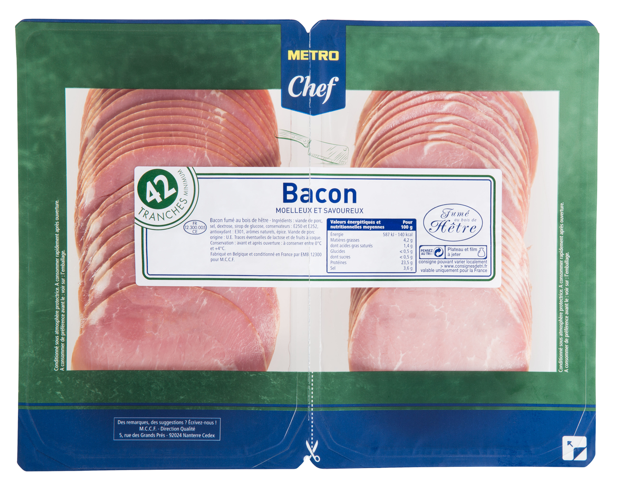 METRO Chef Bacon fumé 42 tranches 2 x 250 g