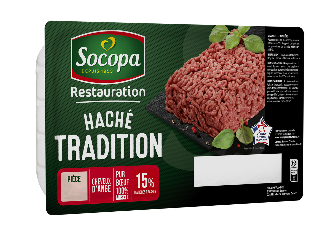 Socopa Haché Tradition pur bœuf 15 % MG VBF barquette 1.5 kg