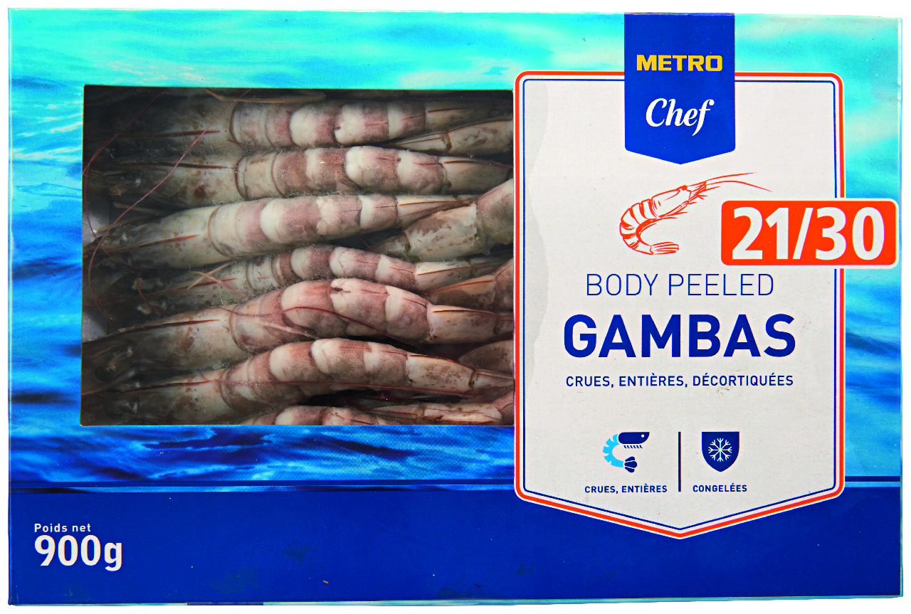 METRO Chef Gambas body peeled entières crues décortiquées calibre 21/30 boîte de 900 g
