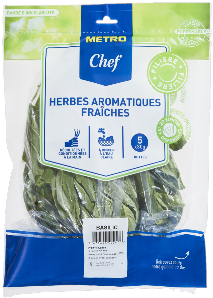 METRO Chef Basilic sachet 5 bottes France, Italie, Espagne, Maroc, Israël, Kenya botte de 30g 