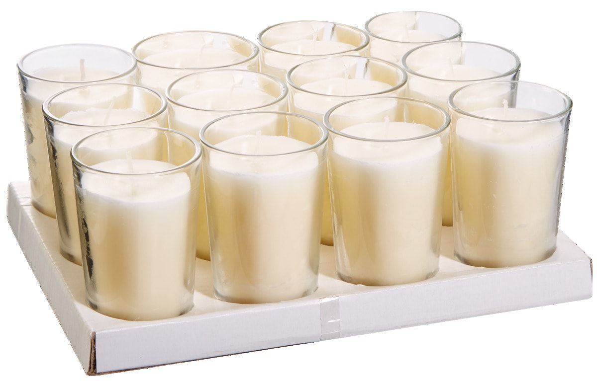 Bougie ivoire dans verrine +/-14 h x 12